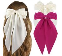 ATODEN Silky Satin Hair Bows 2Pcs Beige Hot Pink Big Hair Bows for Women Oversized Long Tail Bow Hair Clips Large Hair Ribbons Barrettes Metal Clips Bowknot Aesthetic Girls Hair Accessories