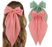ATODEN Silky Satin Hair Bows 2Pcs Green Pink Big Hair Bows Hair Ribbons Oversized Long Tail Bow Hair Clips Large Hair Ribbon Barrettes Metal Clips Bowknot Aesthetic Hair Accessories for Women Girls