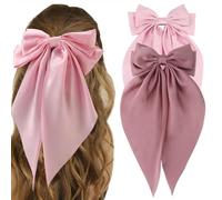 ATODEN Silky Satin Hair Bows 2Pcs Pink Purple Hair Ribbons Oversized Long Tail Big Bow Hair Clips Large Hair Ribbon Barrettes Metal Clips Bowknot Aesthetic Hair Accessories for Women Girls Gifts
