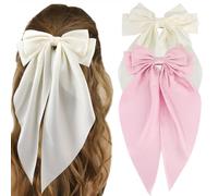 ATODEN Silky Satin Hair Bows Pink Beige 2Pcs Big Hair Bows Hair Ribbons Oversized Long Tail Bow Hair Clips Large Hair Ribbon Barrettes Metal Clips Bowknot Aesthetic Hair Accessories for Women Girls