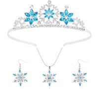 Atoden Snowflake Elsa Crown Tiara Necklace Earrings for Birthday Halloween | Rhinestone Blue Silver Tiara Jewelry Winter Ice Princess Costume Accessories Dress Up Outfit for Women Girls Party Wedding