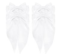 ATODEN White Hair Bows Silky Satin Hair Ribbons 4Pcs Oversized Long Tail Large Bow Hair Clips Bowknot Aesthetic Wedding Hair Accessories for Women Girls