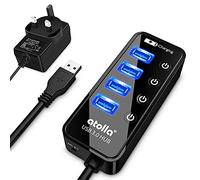 atolla USB Hub with 4 USB 3.0 SuperSpeed Data Ports and 1 USB Smart Charging Port, USB Splitter with Individual On/Off Switches and 5V/3A Power Adapter
