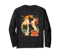 Atomic Coffee Cat Mid Century Modern Retro Black Feline Chic Long Sleeve T-Shirt