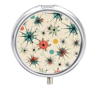 Atomic Stars Retro Pattern Pill Box - 3 Compartment Travel Pill Organizer with Small Mirror, Portable Pillcase for Pocket & Purse, Cute Round Medicine Case, Weekly Medicine Container