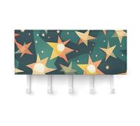Atomic Stars Retro Pattern Print Wall Mounted Key Rack for Home, No Drilling Key Holder with 5 Hooks, Self Adhesive Keys Chain Organizer for Hallway, Keys Hanger Shelf for Office, Doorway White