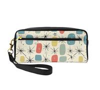 Atomic Stars Retro Pattern Printed Leather Makeup Bags with Wrist Strap Portable Travel Toiletry Bag Cosmetic Organizer Bag for Women