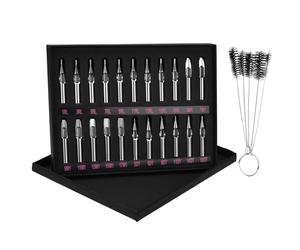 ATOMUS 22pcs Tattoo Tips Set - Stainless Steel - Mixed Shapes & Sizes - Includes 5pcs Nylon Tube Brushes - Pre-Sterilized