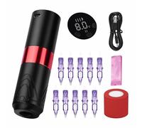 ATOMUS Red Wireless Tattoo Pen Machine Kit 1600mah Wireless Power Supply Rotary Tattoo Battery Pen Digital OLED Display with 10pcs tattoo cartridge needles 10pcs Large Pen Bag