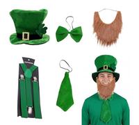 Atomvia 5Pcs Green Leprechaun Costume Set for Men - St Patricks Day Outfits with Velvet Top Hat, Beard, Bow Tie, Buckle Belt - Irish Fancy Dress Party Set for Parades, Ireland Theme Events