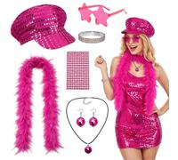 Atomvia 70s Disco Lady Feather Stripe ABBA's Outfit Costume | Disco Costume with Feather Boa, Sequin Cap, Star Glasses,Bling Earrings Disco Ball Jewellery for Hen Party Retro Theme Party