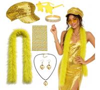Atomvia 70s Disco Lady Feather Stripe ABBA's Outfit Costume | Disco Costume with Feather Boa, Sequin Cap, Star Glasses,Bling Earrings Disco Ball Jewellery for Hen Party Retro Theme Party