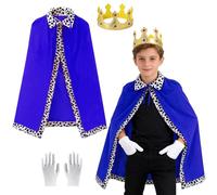 Atomvia Kids King Costume Set Blue, King Costume Kids, Prince Cloak 80cm with Crown & White Gloves, Velvet Royal Cape for Boys Girls Halloween Carnival Nativity Fancy Dress