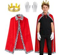 Atomvia Kids King Costume Set Red/Blue, King Costume Kids, Prince Cloak 80cm with Crown & White Gloves, Velvet Royal Cape for Boys Girls Halloween Carnival Nativity Fancy Dress