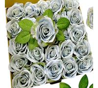 Atongham 25PCS artificial silk roses, real touch fake roses and dried fake flower gift box, wedding DIY flower arrangement center, bride shower party decoration (Dusty Blue)