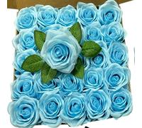 Atongham 25PCS artificial silk roses, real touch fake roses and dried fake flower gift box, wedding DIY flower arrangement center, bride shower party decoration (SkyBlu)