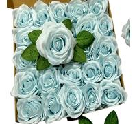 Atongham 25PCS artificial silk roses, real touch fake roses and dried fake flower gift box, wedding DIY flower arrangement center, bride shower party decoration (Aqua Blue)
