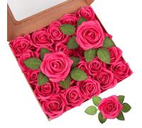 Atongham 25PCS artificial silk roses, real touch fake roses and dried fake flower gift box, wedding DIY flower arrangement center, bride shower party decoration (Hot Pink)