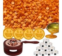 Atopbb Wax Seal Kit, 300 Pcs Wax Sealing Beads, Wooden Warmer, Melted Spoon, 10 Pcs Tealight Candles for Envelope Letter Mailing Crafts DIY, Pearl Red (Orange Yellow)