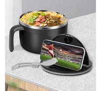 ATopoler 1200ml Rapid Ramen Bowl with Filterable Lid,Portable Ramen Cooker Bowls with Phone Holder and Handle,Stainless Steel Noodle Bowl with Spork Chopsticks for Dorm Office (Black)