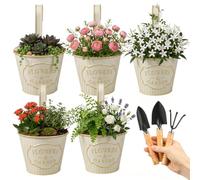 ATopoler 5 Pcs Hanging Flower Pots with Detachable Hook, Vintage Metal Flower Planter Pot with 3 Pack Garden Tools(Beige)