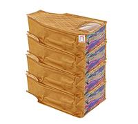 atorakushon 4 Piece Fabric Satin Blouse Cover Clothes Storage Bag Set With Transparent Window Wardrobe Garments Organizers (Golden)