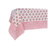 ATOSII Gulbahar White Pink 100% Cotton Fall Rectangle Tablecloth, Hand Block Print Washable Table Cover, Christmas Parties Buffet Dining, Weddings, Thanksgiving, Halloween, 60 X 90 Inches, 6 Seater