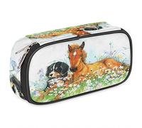 ATOurDealss Cute Horse Puppy Dog Pencil Pen Case,Spring Flower Large Capacity Pencil Pen Case Box, Durable Stationery Storage Organizer Bags for Teens Boys Girls Women Office