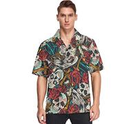 ATOurDealss Mens Casual Button Short Sleeve Hawaiian Shirt Sugar Skull Red Rose Day of Dead Aloha Shirt XXL