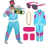 ATOWORLD 1980s 80s Fancy Dress Men Women Shell Suit 80s 90s Fancy Dress Costumes for Men Adult Stag Do Outfit 80s Dress up Theme Clothes Men 80s Costume Scouser Tracksuit Jacket Pant Accessories(S)
