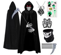 ATOWORLD Halloween Grim Reaper Costume Kids Boys 5-6 6-7 Skeleton Kids Girls Grim Reaper Cloak Black Halloween Scythe Grim Reaper Cape Scream Costume Mask Gloves Grim Reaper Outfit Skeleton Necklace