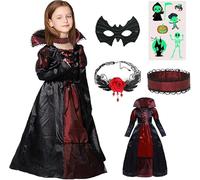 ATOWORLD Halloween Vampire Costume Kids Girls 7-8 8-9 Years with Mask Vampire Outfit Fancy Dress Kid Girls Black Vampire Dress Up Girl Gothic Royal Vampire Queen Princess Costume Kids (L)