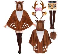 ATOWORLD Reindeer Carnival Women's Costume Reindeer Antlers Headband with Reindeer Ears, Deer Bambi Cape with Hood, Glitter Face Tattoo, Deer Animal Costume Carnival for Carnival Christmas Theme Party