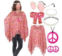 ATOWORLD Women's Hippie Costume Set with Poncho, Earrings, Headband, Crown, Bracelets & Sunglasses - 60s/70s Theme - Carnival, Halloween, Party - One Size - Polyester