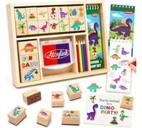Atoylink Dinosaur Stamps for Kids, Wooden Toy Set | 16 Dinosaur Stamps, Ink Pad, Colored Pencils, Spiral Notebook and Wooden Box for Crafts and Drawing