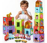 Atoylink Farm Sorting and Stacking Toys Blocks for Toddlers, Montessori Baby Blocks Nesting Boxes with Farm Animals and Magnetic Wooden Cars for Numbers Learning, Educational Toys Gifts for Boy Girl