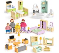 Atoylink Wooden Dolls House Furniture Set, 36pcs Colourful Doll House Accessories with 5 Set Rooms & 4 Family Dolls, Pretend Play Furniture Toys Gift for Boys Girls 3 4 5 6 7 Years Old