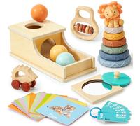 Atoylink Wooden Montessori Toys for Babies 6-12 Months with Object Permanence Box & Stacking Cups & Baby Rattle & Flash Cards, 6 in 1 Learning Educational Sensory Toys Gifts for Babys Newborn