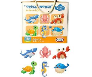 AtoZ Ocean World Matching Jigsaw Puzzle, 6-in-a-Box Set, 39 Pieces, Sea Animals Theme, for Ages 18+ Months