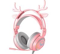 ATRASee Stereo Gaming Headset for PC PS5 PS4 Xbox One Controller, Wired Deer Headphones with Microphone Noise Cancelling, Soft Earmuff RGB, Compatible with Playstation Nintendo Switch Mac Laptop, Pink
