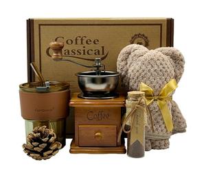 atrccs French Coffee Kit, Manual Coffee Grinder and Self-stirring Mug, Wooden, Gray, Grinding, Valentines Day Coffee Gift for Her