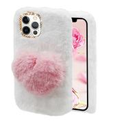 Atrfeel Plush Case for iPod Touch 7/6/5,Cute Furry 3D Love Heart Hairball Fluffy Fuzzy Winter Warm Faux Rabbit Fur Glitter Diamond Soft Silicone Phone Cover for Girls Women,White + Pink