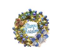 Atroy Christmas Lighted Rattan Wreath, 15.7In Blue Artificial Merry Christmas Poinsettia Pine Front Door Wreath with Lights Balls, Battery Pine Garland for Christmas Door Wall Decoration
