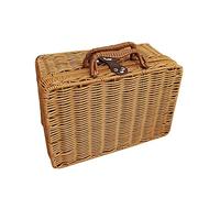 Atroy Wicker Picnic Basket, Straw Storage Box with Handles, Gingham Pattern Willow Lunch Box, Leather Strap Metal Lock Retro Suitcase Prop Box