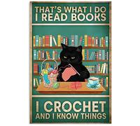 Atsbh Black Cat Metal Tin Sign Crochet and Knitting with Cats Poster I Crochet and Things I Know Wall Decor Best Gifts for Your Friends Rustic Metal Logo with Retro Look 6x8inch