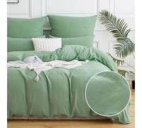 ATsense Double Muslin Bed Linen 135 x 200 cm Cotton 2-Piece Flat Linen-Like Look Bedding Sets with 1 Pillowcase 80 x 80 cm, Oeko-Tex Duvet Cover Light Green with Zip