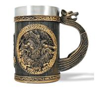 AtSKnSK Viking Beer Mug - 304 Stainless Steel Beer Stein, 0.6 Liter/21 oz Resin Carving Metal Cup, Norse Mythological Designs, Birthday Viking Beer Gifts for Men (Thor)