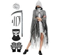 Atsmoce Halloween Scary Ghoul Costume Set, Horror Ghost Costumes, Grim Reaper Costumes, Grim Reaper Set, with Sickle, Skull Mask, Gloves, Chains, One Size, Unisex (A)