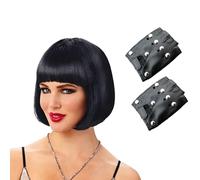 ATSNOSH 2 Pcs Fancy Dress Costume Accessories, Women's Ladies Short BOB Wig, Black Bob Wig with Fringe, and Studded Gloves, for Halloween Role Play POP Party Carnival (Black)