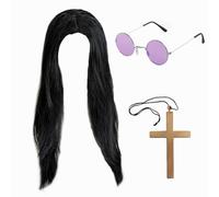 ATSNOSH 3 Pcs Prince of Darkness Accessory Set, Adults Rock Star Fancy Dress Accessory Set, Long Black Wig, Circular Purple Glasses, Gold Cross, 70s 80s Costume Accessories for Men Women (3 Pcs)